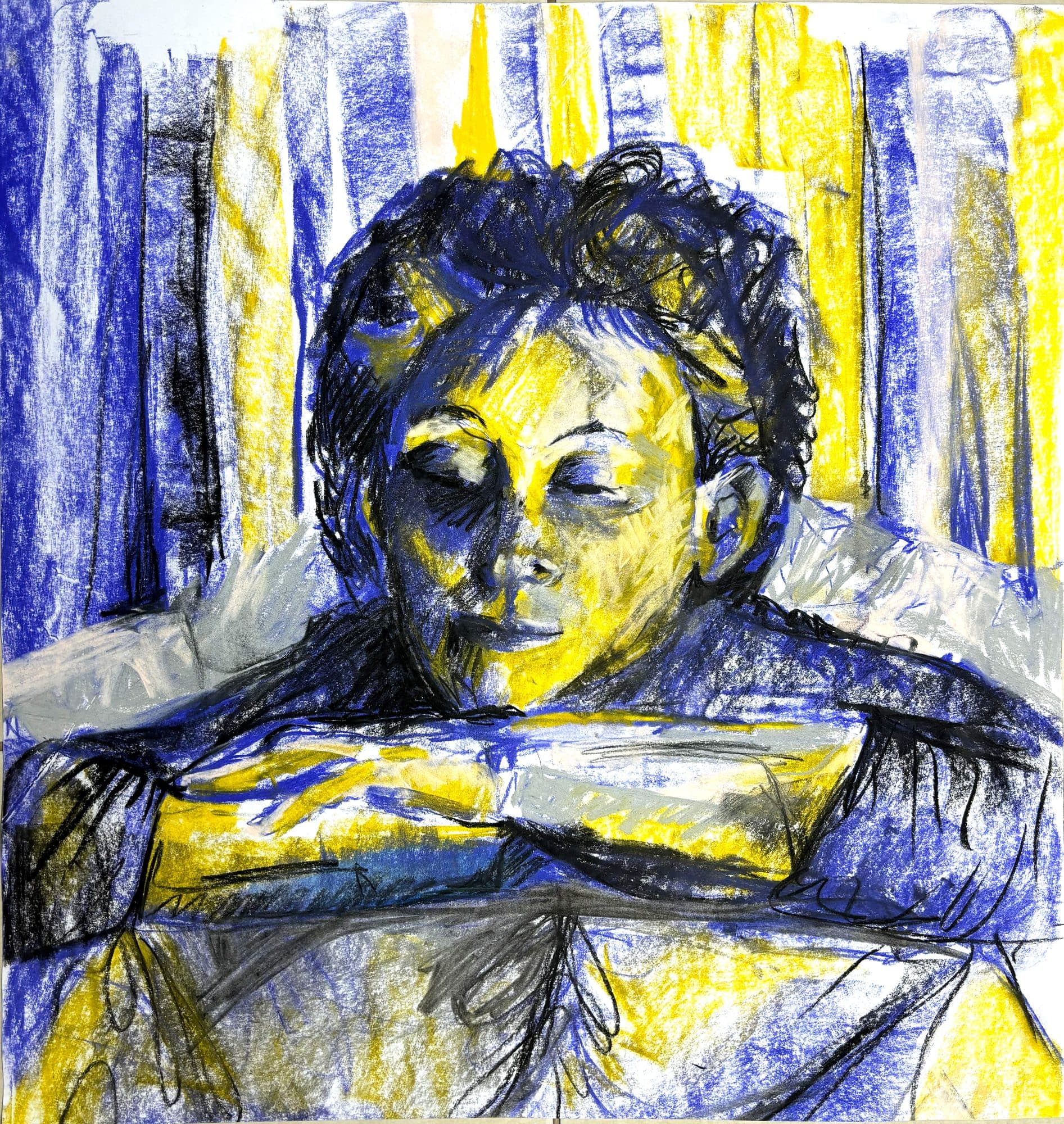 Portrait oil pastel blue & yellow