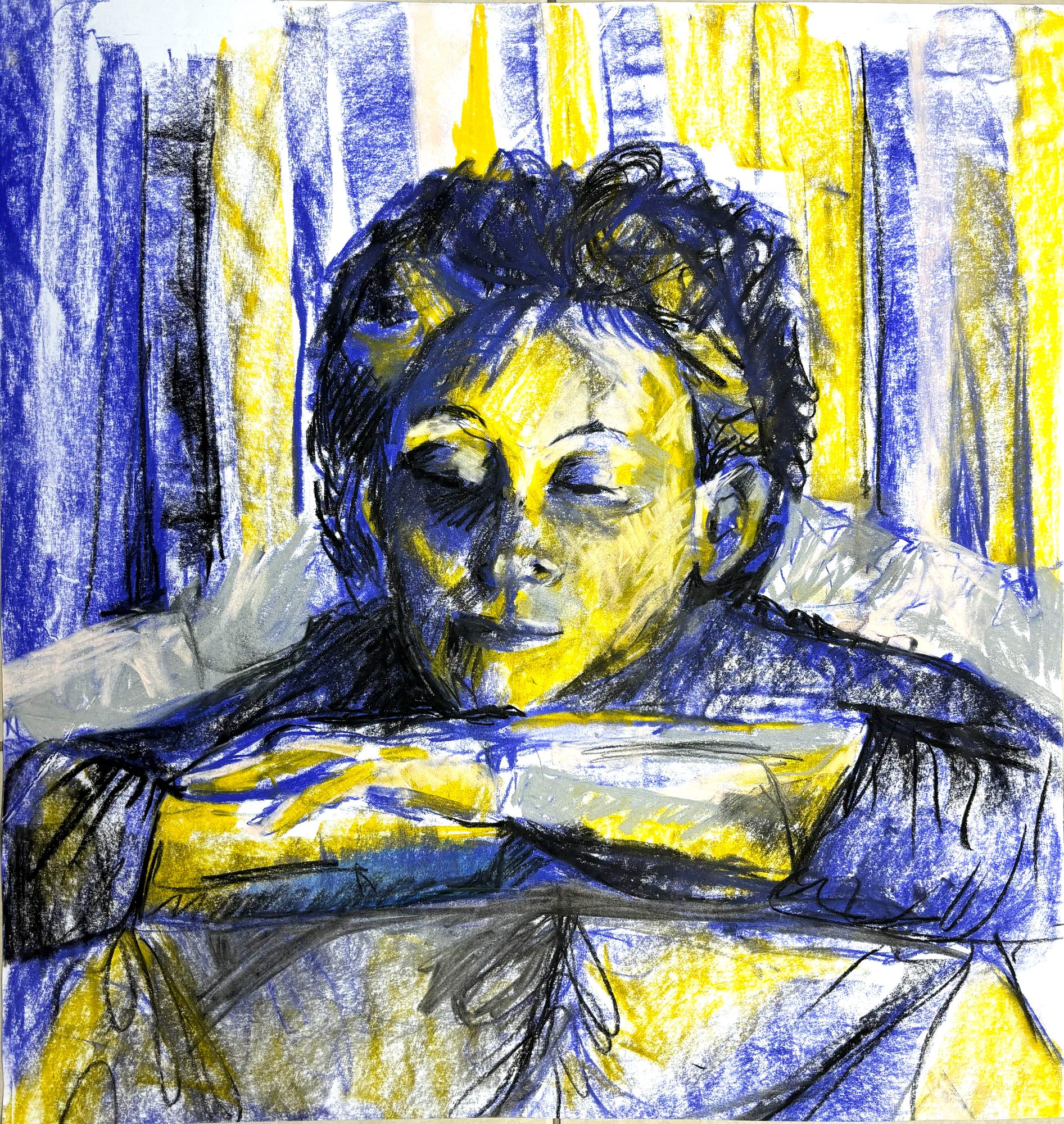 Portrait oil pastel blue & yellow